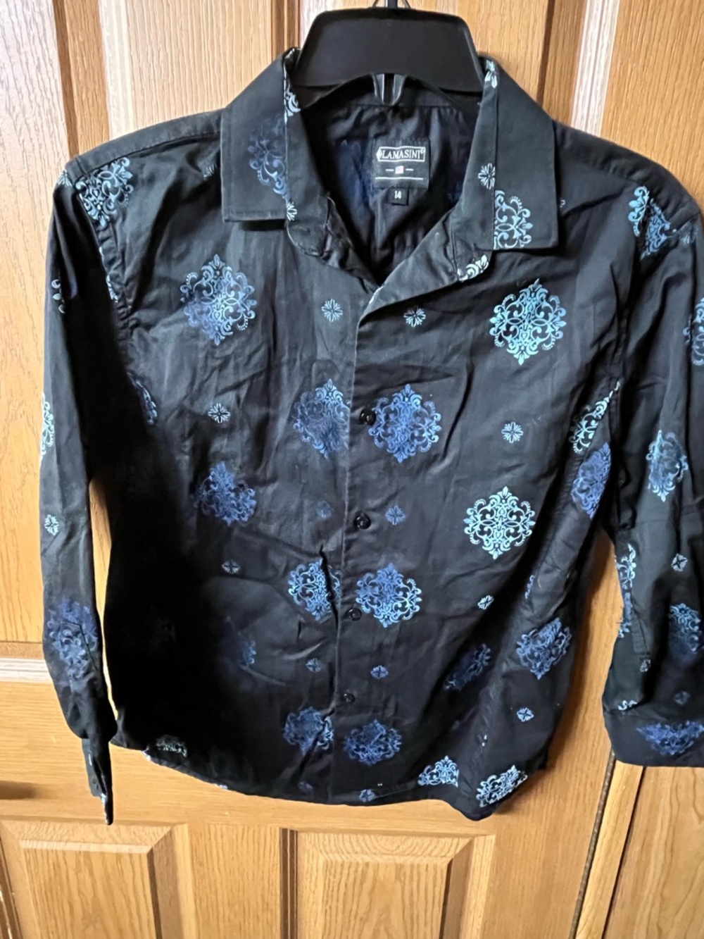 Lamasini Black Button-Up Shirt with Blue Medallion Print